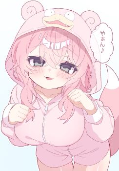 1girl :3 :d alternate_costume blush borrowed_design breasts collarbone commentary_request cowboy_shot fang gen_1_pokemon grey_eyes gyaru_slowpoke_(shin_no_tenpii) highres hood hood_up hooded_jumpsuit jumpsuit large_breasts long_hair looking_at_viewer mxwux nintendo open_mouth paw_pose personification pink_hair pink_jumpsuit pokemon pokemon_tail simple_background slowpoke smile solo tail white_background
