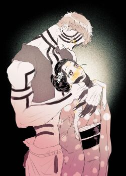 Rule 34 | 1boy, 1girl, black background, black hair, blush, body markings, couple, cowboy shot, cropped vest, demon boy, facial mark, fang, fang out, hakuji (kimetsu no yaiba), hand on another's chin, hetero, highres, holding another's wrist, japanese clothes, kimetsu no yaiba, kimono, looking at another, midriff, muscular, muscular male, nabeoishi 705, parted bangs, polka dot, polka dot kimono, short hair, updo, vest