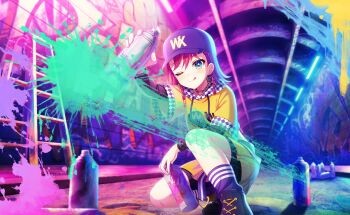 1girl :p :q ;p ;q aqua_eyes arm_up baseball_cap black_border blue_eyes blush boots border commentary_request crossed_legs drawstring earrings full_body game_asset graffiti hair_between_eyes hat highres holding hood hood_down hoodie jewelry kneehighs letterboxed long_sleeves looking_at_viewer multicolored_eyes multicolored_hair necklace neon_lights non-web_source official_art on_one_knee one_eye_closed paint_splatter pillarboxed pink_hair self-datamine shirt shoes short_hair shorts sitting skirt smile sneakers socks solo spray_can striped_clothes striped_socks tongue tongue_out v-shaped_eyebrows wang_xue world_dai_star yellow_hoodie