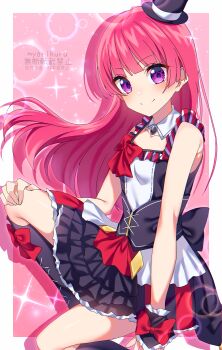 1girl absurdres bare_shoulders blunt_bangs bow dress hat highres hojo_sophy idol_clothes kneehighs long_hair looking_at_viewer mini_hat mini_top_hat multicolored_dress myarikuru pretty_series pripara purple_eyes red_bow red_hair sitting smile socks top_hat wrist_cuffs