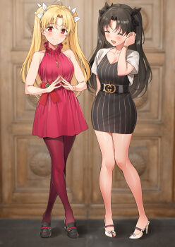 2girls ahoge alternate_costume ame_(uten_cancel) bare_shoulders belt black_hair blonde_hair blurry blurry_background blush breasts closed_eyes cross door dress embarrassed ereshkigal_(fate) fate_(series) full_body gold hair_ornament high_heels ishtar_(fate) jewelry long_hair looking_at_viewer medium_breasts multiple_girls necklace open_mouth pantyhose red_eyes ribbon shoes smile twintails vest