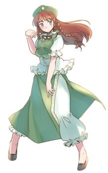 1girl aqua_eyes black_hair black_ribbon black_shoes blush braid commentary_request full_body green_hat green_skirt green_vest hand_up hat hat_ornament hong_meiling long_hair pants puffy_short_sleeves puffy_sleeves rangycrow red_hair ribbon shirt shoes short_sleeves side_slit sideways_glance skirt solo star_(symbol) star_hat_ornament touhou twin_braids vest white_background white_pants white_shirt