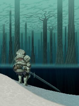 1boy armor ash_lake_(dark_souls) commentary_request dark_souls_(series) dark_souls_i from_behind full_armor full_body helm helmet holding holding_shield holding_sword holding_weapon in-universe_location kingyohashioki lake looking_ahead male_focus pixel_art shield siegmeyer_of_catarina solo standing sword tree weapon