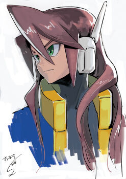 1boy black_bodysuit blue_jacket bodysuit bodysuit_under_clothes brown_hair cropped_jacket green_eyes hair_between_eyes highres jacket long_hair male_focus mega_man_(series) mega_man_zx mega_man_zx_advent open_clothes open_jacket robot_ears simple_background solo sumomo upper_body vent_(mega_man) white_background