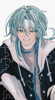1boy black_jacket blue_hair commentary green_eyes hair_between_eyes highres hood hood_down hooded_jacket jacket long_bangs looking_at_viewer male_focus medium_hair open_clothes open_jacket original puzzle puzzle_piece sahi00000 simple_background smile solo sweat symbol-only_commentary tearing_up upper_body white_background