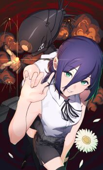 2girls absurdres black_choker black_ribbon black_shorts bomb_devil_(chainsaw_man) chainsaw_man choker collared_shirt dynamite explosive flower gashino green_eyes grenade_pin hair_between_eyes highres multiple_girls neck_ribbon object_head purple_hair reze_(chainsaw_man) ribbon shirt shorts sleeveless sleeveless_shirt white_flower white_shirt