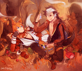 2boys :q animal_ears commentary_request fingerless_gloves fire_emblem fire_emblem_fates fox_boy fox_ears gloves grin kaden_(fire_emblem) keaton_(fire_emblem) licking_lips looking_at_another male_focus mitsukato multiple_boys nintendo one_eye_closed pointy_ears red_eyes smile tongue tongue_out