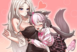Rule 34 | 2girls, ahoge, animal ear fluff, animal ears, between breasts, black bow, black dress, black footwear, black skirt, blue eyes, blush, bow, bowtie, breasts, brown hair, dress, gotica, grey hair, hair bow, hand on another&#039;s head, head between breasts, heart, highres, hug, jacket, jewelry, large breasts, lee rein, long hair, low twintails, mole, mole under eye, motion lines, multicolored footwear, multicolored hair, multiple girls, nana ring, necklace, open clothes, open jacket, open mouth, pink bow, pink bowtie, pink footwear, pink hair, pink skirt, pink socks, pink sweater vest, plaid, plaid skirt, shirt, skirt, socks, strap slip, sweater vest, tail, tongue, twintails, virtual youtuber, vlyz, white bow, white footwear, white hair, white jacket, white shirt, yuri
