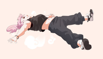 1girl alternate_costume black_shoes breasts commentary crop_top english_commentary eyelashes full_body grey_pants grey_shirt hololive hololive_english long_hair lord_joeboto lying midriff mori_calliope navel on_back pants pink_hair ponytail red_eyes shirt shoelaces shoes simple_background smile solo sweatpants virtual_youtuber white_background