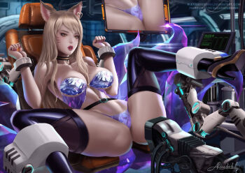 1girl ahri_(league_of_legends) alexander_dinh animal_ears bdsm blonde_hair bondage bound breasts choker cleavage crystal earrings eyeshadow fox_ears fox_tail heart high_heels highres idol jewelry k/da_(league_of_legends) k/da_ahri large_breasts league_of_legends leg_up lipstick long_hair machine makeup open_mouth restrained signature spread_legs tail thighhighs yellow_eyes