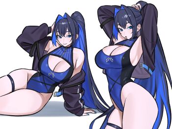 1girl blue_eyes blue_hair breasts cleavage colored_inner_hair hair_intakes hashtag-only_commentary highres hololive hololive_english multicolored_hair one-piece_swimsuit ouro_kronii simple_background solo swimsuit virtual_youtuber white_background zeon_(zzeeonn)