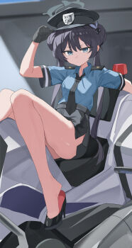 1girl absurdres bare_legs black_gloves black_hair black_hat black_necktie black_skirt blue_archive blue_shirt breasts closed_mouth commentary_request dddm double_bun expressionless foot_out_of_frame gloves grey_background grey_eyes grey_halo hair_bun halo hat high-waist_skirt high_heels highres kisaki_(blue_archive) leaning_back legs long_hair looking_at_viewer miniskirt necktie pencil_skirt police police_hat police_uniform policewoman shadow shirt shoe_dangle short_sleeves shoulder_boards sitting skirt small_breasts solo thighs toe_cleavage twintails very_long_hair