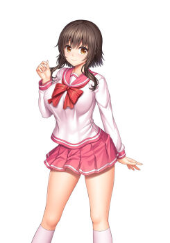 1girl bow bowtie breasts brown_eyes brown_hair closed_mouth feet_out_of_frame hand_up koromogawari lambda_(kusowarota) large_breasts long_sleeves looking_at_viewer pink_sailor_collar pink_skirt pleated_skirt red_bow red_bowtie sailor_collar school_uniform second-party_source serafuku short_hair_with_long_locks sidelocks simple_background skirt smile socks solo tachi-e white_background white_socks