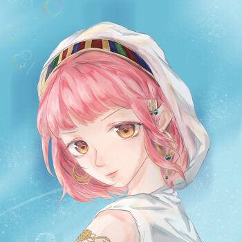 1girl armlet bare_shoulders beads blue_background blunt_bangs braid brown_eyes bubble chinese_commentary cloak closed_mouth commentary_request earrings eyelashes gold_armlet gold_earrings hair_beads hair_ornament hair_tubes happy highres hood hood_up hooded_cloak hoop_earrings infinity_nikki jewelry light_particles lips looking_at_viewer looking_back nikki_(nikki) nikki_(series) pink_lips purifying_wind_(infinity_nikki) shadow side_braids simple_background smile solo twin_braids upper_body white_cloak zilujiqi