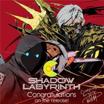 1boy 1other black_hoodie code_vein code_vein_ii commentary crossover english_commentary english_text glowing glowing_eyes hood hoodie long_sleeves mask mouth_mask official_art red_background red_eyes shadow_labyrinth short_hair signature white_hair