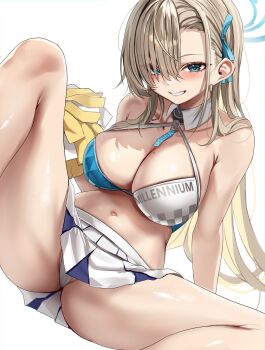 1girl alternate_costume asuna_(blue_archive) blue_archive blue_eyes blue_halo breasts brown_hair cheerleader cleavage hair_over_one_eye halo highres large_breasts long_hair looking_at_viewer midriff millennium_cheerleader_outfit_(blue_archive) mole mole_on_breast navel panties pantyshot sitting skirt smile solo spread_legs stone_(ksorede) thighs underwear very_long_hair white_panties white_skirt