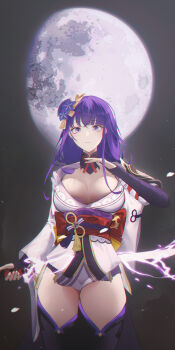 1girl back_bow black_thighhighs bow breasts bridal_gauntlets cleavage clothing_cutout commentary electricity english_commentary genshin_impact glowing glowing_sword glowing_weapon hair_ornament head_tilt holding holding_sword holding_weapon huge_breasts japanese_clothes katana kimono kofo large_breasts lingerie long_hair looking_at_viewer mitsudomoe_(shape) moon musou_isshin_(genshin_impact) neck_ribbon no_mole off_shoulder outdoors parted_lips purple_eyes purple_hair purple_kimono raiden_shogun red_ribbon red_sash ribbon sash shoulder_cutout solo standing sword thighhighs tomoe_(symbol) underwear upper_body weapon