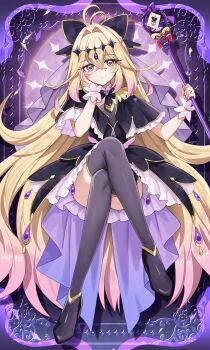 1girl antenna_hair black_bow black_capelet black_dress blonde_hair blush bow brooch capelet closed_mouth commentary_request crossed_legs cure_arcana_shadow diamond_hairband dress frilled_capelet frilled_cuffs frills full_body gradient_hair hair_intakes hand_on_own_cheek hand_on_own_face heart heart_brooch highres holding holding_staff jewelry long_hair looking_at_viewer magical_girl meitantei_precure! mocchiri290 moria_luluka multicolored_hair pink_hair precure purple_eyes purple_nails purple_thighhighs purple_veil purple_wrist_cuffs sitting solo staff thighhighs veil very_long_hair wrist_cuffs