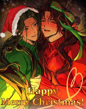 2boys :d antlers bindi black_background blush bow brown_hair cheek-to-cheek clenched_hand closed_eyes commentary_request couple curtained_hair fur-trimmed_headwear fur_trim green_bow green_eyes green_hair green_sweater hair_between_eyes hair_bow hat heads_together heart highres horns korean_commentary long_hair long_sleeves luo_binghe male_focus merry_christmas multiple_boys night open_mouth parted_bangs parted_lips red_bow red_hat red_sweater reindeer_antlers renzha_fanpai_zijiu_xitong santa_hat shen_qingqiu sleeves_past_wrists smile snowing striped_bow sweater teeth upper_body upper_teeth_only very_long_hair wavy_hair yaoi yun_cgg zuiyin