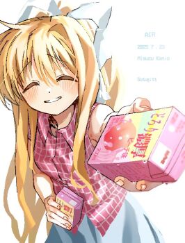 Rule 34 | 1girl, air (visual novel), blonde hair, bloom, blue skirt, blush, casual, character name, checkered clothes, checkered shirt, closed eyes, collared shirt, copyright name, dated, dot nose, drink carton, facing viewer, grin, hair between eyes, hair ribbon, holding, holding juice box, juice box, kamio misuzu, long hair, long skirt, official alternate costume, pink shirt, ponytail, ribbon, shirt, sidelocks, single hair intake, skirt, sleeveless, sleeveless shirt, smile, solo, twitter username, utugitt (utsukino), very long hair, white ribbon