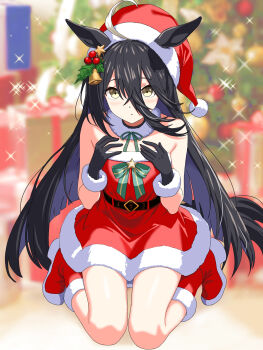 1girl animal_ears bare_arms bare_shoulders bell black_gloves black_hair boots commentary_request dress ears_through_headwear fur_collar fur_trim gloves hair_bell hair_between_eyes hair_ornament hat highres horse_ears horse_girl kneeling long_hair manhattan_cafe_(umamusume) red_boots red_dress red_hat santa_costume santa_dress santa_hat sleeveless sleeveless_dress solo strapless strapless_dress umamusume wrist_cuffs yellow_eyes zenbrush2