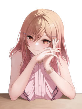 1girl ahoge bare_arms blush bracelet breast_rest breasts breasts_on_table center_frills commentary crossed_bangs desk earrings elbow_rest english_commentary frills gold_choker gold_earrings gradient_hair hair_between_eyes hair_ornament hairclip highres hololive hololive_dev_is ichijou_ririka ichijou_ririka_(1st_costume) interlocked_fingers jewelry large_breasts long_hair looking_at_viewer multicolored_hair nail_polish orange_eyes orange_hair orange_nails own_hands_together pink_hair pink_shirt shirt simple_background sleeveless sleeveless_shirt smile solo steelball_(jwk76806995) upper_body virtual_youtuber white_background