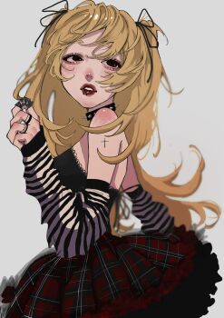 1girl aegyo_sal alternate_costume amane_misa arm_tattoo arm_warmers black_bustier black_ribbon blonde_hair blurry body_blush brown_eyes bubble_skirt bustier choker claw_ring cowboy_shot death_note depth_of_field face_piercing fashion frilled_skirt frills from_side goth_fashion hair_ribbon highres jewelry layered_skirt lip_piercing long_hair looking_to_the_side parted_lips piercing plaid_clothes plaid_skirt red_lips ribbon ring skirt striped_arm_warmers studded_choker tamori_(tamori_www) tattoo two_side_up white_background