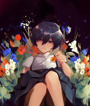 1girl absurdres alternate_costume another black_hair black_skirt blue_eyes blue_flower blue_picmi blue_rose blush closed_mouth commentary english_commentary flower hair_between_eyes heterochromia highres holding holding_flower leaf looking_at_viewer misaki_mei orange_flower red_eyes red_flower red_rose rose shirt short_hair short_sleeves sitting skirt solo white_flower white_shirt