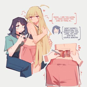 2girls absurdres ahoge android black_hair blonde_hair blue_pants blunt_bangs blush cho_kaguya-hime! commentary cropped_legs english_commentary english_text green_shirt hand_on_another's_waist heart highres invisible_chair kaguya_(cho_kaguya-hime!) long_hair looking_at_another maintenance mechabare medium_hair mole mole_under_eye multiple_girls open_mouth pants pink_shorts sakayori_iroha shirt short_sleeves shorts simple_background sitting smile togekk0 very_long_hair white_background yuri