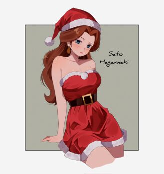 1girl bare_shoulders belt bikini black_belt blue_eyes blush breasts brown_hair christmas cleavage collarbone dress earrings fur-trimmed_dress fur-trimmed_headwear fur_trim gold_earrings hat highres jewelry large_breasts long_hair looking_at_viewer mario_(series) nintendo pauline_(mario) red_dress santa_costume santa_dress santa_hat sato_hagamaki solo strapless strapless_bikini strapless_dress swimsuit