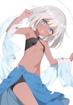Rule 34 | 1girl, :d, absurdres, bare shoulders, bikini, bikini top only, black bikini, black shorts, blue eyes, blue halo, blue sarong, blue shawl, breasts, commentary request, commission, cowboy shot, criss-cross halter, dark-skinned female, dark skin, flower, flower wreath, grey hair, halo, halterneck, hands up, head wreath, highres, looking at viewer, medium hair, navel, open mouth, original, sarong, see-through clothes, see-through shawl, shawl, shorts, skeb commission, small breasts, smile, solo, stomach, swimsuit, urotsuki (ku9625), white background, white flower