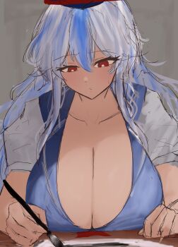 1girl :/ absurdres bare_arms blue_dress blue_hair breast_rest breasts bright_pupils cleavage collarbone commentary dated_commentary dress grey_hair hair_between_eyes highres holding holding_paintbrush huge_breasts kamishirasawa_keine long_hair looking_down moriforest1040 paintbrush red_eyes shirt short_sleeves solo touhou white_pupils white_shirt