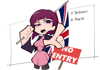 1girl amelia_(pathways) choker commentary_request dress highres jacket mole mole_under_eye okitya open_clothes open_jacket pathways_(game) pink_dress pointing pointing_at_viewer purple_hair purple_jacket simple_background solo union_jack