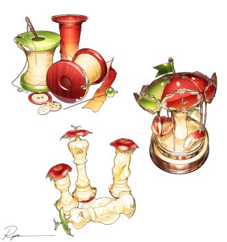 Rule 34 | apple, apple core, apple rabbit, apple slice, buttons, carousel, chess piece, commentary, food, food art, fruit, green apple, highres, needle, no humans, object focus, original, ryota (ry o ta), sewing needle, signature, simple background, spool, symbol-only commentary, themed object, thread, white background