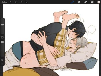 anal art_program_in_frame black_hair black_shirt blue_male_underwear blush caelus_(honkai:_star_rail) closed_eyes clothes_pull commentary dan_heng_(honkai:_star_rail) english_commentary forehead-to-forehead grey_hair hand_on_another's_leg heads_together highres honkai:_star_rail honkai_(series) lying male_penetrated male_underwear moji00x00x on_back open_mouth pants pants_pull pillow plaid_clothes sex shiny_skin shirt short_sleeves sleeves_rolled_up sweat t-shirt toe_scrunch trailblazer_(honkai:_star_rail) twitter_username underwear white_background white_pants white_shirt yaoi yellow_pants