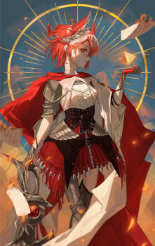 1girl absurdres arknights armor armored_dress black_thighhighs braid breasts burning burning_paper cape cleavage cleavage_cutout clothing_cutout dress earrings feet_out_of_frame fiammetta_(arknights) fiammetta_(divine_oath)_(arknights) halo halo_behind_head head_wings highres holding holding_weapon jewelry leg_armor looking_at_viewer object_floating_above_hand official_alternate_costume paper profile red_cape red_eyes red_hair red_skirt short_hair shoulder_armor side_braid sideways_glance skirt sky_nomore small_breasts solo sparks thighhighs weapon winged_hair_ornament wings