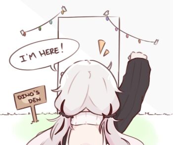 1girl arm_up artist_self-insert backless_outfit black_hair chonkyorca clenched_hand commentary english_commentary english_text facing_away from_behind grey_background grey_hair long_hair long_sleeves low_twintails multicolored_hair notice_lines orca_(chonkyorca) original puffy_long_sleeves puffy_sleeves sign solo streaked_hair string_of_light_bulbs sweater turtleneck turtleneck_sweater twintails two-tone_hair white_background white_sweater