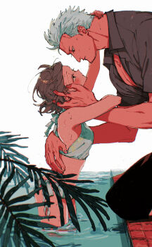 1boy 1girl absurdres bikini black_pants blurry blush breasts closed_mouth collared_shirt commentary_request couple depth_of_field eye_contact face-to-face facial_hair frilled_bikini frills from_side goatee_stubble grey_hair grey_shirt hand_on_another&#039;s_back hand_on_another&#039;s_neck hetero highres imminent_kiss kabane_(rjev8385) kneeling looking_at_another looking_up medium_breasts oc_x_canon one_piece original pants plant pool poolside profile shirt short_hair side-tie_bikini_bottom smoker_(one_piece) standing stubble swimsuit wading white_background white_bikini white_hair