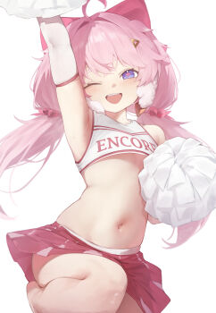 1girl absurdres ahoge arm_up armpits blush bow character_name cheerleader crop_top cross-shaped_pupils elbow_gloves encore_(wuthering_waves) gloves hair_bow hair_ornament highres leg_up loli long_hair looking_at_viewer low_twintails midriff navel one_eye_closed open_mouth pink_hair pleated_skirt pom_pom_(cheerleading) purple_skirt simple_background skindentation skirt solo symbol-shaped_pupils teeth twintails upper_teeth_only white_background white_gloves wuthering_waves xaea_xp