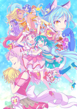 6+girls :p amamiya_elena animal_ears aqua_dress aqua_eyes aqua_hair aqua_pantyhose arisugawa_himari arm_up back_bow black_choker blonde_hair blue_eyes blue_gloves blue_hair bow bowtie brown_eyes brown_hair cat_ears chibi choker closed_eyes clothing_cutout commentary_request crown cure_chocolat cure_cosmo cure_custard cure_gelato cure_macaron cure_milky cure_parfait cure_selene cure_soleil cure_star cure_whip cure_yell cut_bangs dark-skinned_female dark_skin dog_ears dress earrings elbow_gloves floating fur_cuffs gloves gold_crown hagoromo_lala hair_ornament hat highres holding holding_pom_poms hoshina_hikaru hug hugtto!_precure in-franchise_crossover index_finger_raised jewelry kaguya_madoka kenjou_akira kirahoshi_ciel kirakira_precure_a_la_mode kotozume_yukari lion_ears looking_at_viewer mini_hat mini_top_hat multiple_girls muusu nono_hana one_eye_closed open_mouth orange_dress pantyhose partial_commentary pink_dress pink_hair pom_pom_(cheerleading) pom_poms pouch precure purple_dress purple_eyes purple_hair rabbit_ears red_eyes red_hair see-through_clothes see-through_sleeves short_dress short_sleeves shoulder_cutout single_leg_pantyhose smile sparkle squirrel_ears star_(symbol) star_hair_ornament star_twinkle_precure stomach_cutout tategami_aoi tongue tongue_out top_hat twintails usami_ichika white_bow white_bowtie yellow_eyes yuni_(precure)