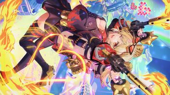 Rule 34 | 1girl, aratakosu (tako's), black jacket, black skirt, black thighhighs, black tube top, blonde hair, blue background, breasts, burnice white, cleavage, eyewear on head, fire, flamethrower, high heels, highres, holding, holding flamethrower, holding weapon, jacket, large breasts, looking at viewer, one eye closed, open mouth, pleated skirt, propane tank, red-tinted eyewear, red eyes, skirt, solo, strapless, thighhighs, tinted eyewear, tube top, two side up, upside-down, weapon, zenless zone zero