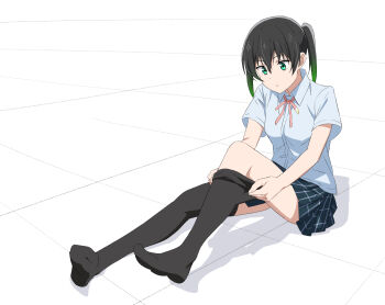 1girl black_thighhighs breasts closed_mouth dressing gradient_hair green_eyes hatenoga highres looking_down love_live! love_live!_nijigasaki_high_school_idol_club medium_breasts medium_hair multicolored_hair nijigasaki_school_uniform school_uniform simple_background sitting takasaki_yu thighhighs twintails two-tone_hair zettai_ryouiki