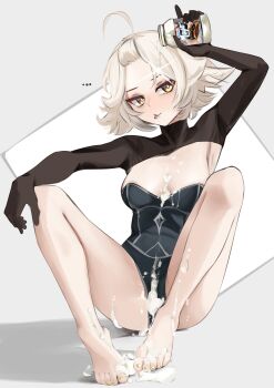 ahoge armor armpit_crease armpits arms_up between_breasts breasts food_on_body food_on_breasts food_on_crotch food_on_legs forehead indie_virtual_youtuber leotard matoi_miia mayonnaise pupi_(rain_prophet) shrug_(clothing) tagme tongue tongue_out virtual_youtuber white_hair yellow_eyes