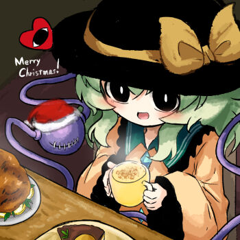 1girl alternate_language black_eyes black_hat bow buttons cake christmas commentary_request cup diamond_button eggnog english_text eyeball food frilled_shirt_collar frilled_sleeves frills fruit fur-trimmed_headwear fur_trim green_hair hat hat_bow hat_ribbon heart heripantomorrow holding holding_cup komeiji_koishi lemon lemon_slice merry_christmas mug plate red_hat revision ribbon santa_hat shirt smile stitched_eye table third_eye touhou turkey_(food) wide_sleeves yellow_bow yellow_ribbon yellow_shirt