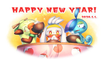 blue_skin bowl bright_pupils chikuwa1310 closed_eyes colored_skin dated drizzile gen_8_pokemon green_fur happy_new_year highres holding holding_bowl new_year nintendo poke_ball_print pokemon pokemon_(creature) raboot red_eyes thwackey white_fur white_pupils