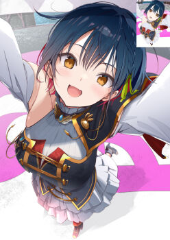 1girl blue_hair braid brown_eyes colored_inner_hair detached_sleeves from_below hair_ribbon hashtag-only_commentary highres looking_at_viewer multicolored_hair nijisanji nijisanji_idol_uniform open_mouth pleated_skirt red_hair ribbon short_hair skirt solo vane_(vane0) virtual_youtuber yamagami_karuta