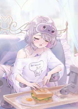 >_< 1girl absurdres bread butter_knife chest_jewel closed_eyes colored_inner_hair commentary_request food fork fried_egg gem grey_hair highres hololive hololive_english jewel_under_eye knife koseki_bijou koseki_bijou_(pebble_pajamas) long_hair mask mask_on_head moai_(koseki_bijou) multicolored_hair open_mouth pebble_(koseki_bijou) pink_hair plate purple_gem sandwich shirt sleep_mask virtual_youtuber white_shirt yuyu_(kerfish50927)