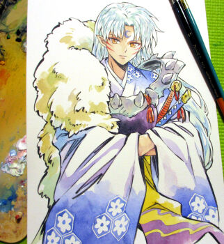 1boy agahari armor art_tools_in_frame blue_kimono closed_mouth commentary_request crescent crescent_facial_mark cropped_torso facial_mark forehead_mark fur_shawl gradient_clothes gradient_kimono hands_in_opposite_sleeves inuyasha japanese_clothes katana kimono long_hair looking_at_viewer male_focus multiple_swords painting_(medium) photo_(medium) pointy_ears sesshoumaru shawl solo spikes sword traditional_media weapon white_hair wide_sleeves yellow_eyes