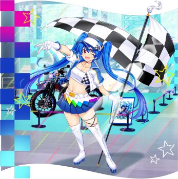 1girl alternate_costume alternate_hairstyle alternate_headwear belt black_choker blue_hair blue_jacket blue_skirt boots breasts character_print choker cleavage collarbone flag full_body game_cg gloves hat highres hinanawi_tenshi holding holding_flag horikawa_raiko houjuu_nue jacket kirisame_marisa kirisame_marisa_(magician_at_the_hieda_residence) kumoi_ichirin long_hair looking_at_viewer midriff miniskirt motor_vehicle motorcycle multiple_girls navel official_art one_eye_closed open_clothes open_jacket open_mouth pleated_skirt race_queen rainbow_order red_eyes remilia_scarlet rotte_(1109) skirt smile solo star_(symbol) strapless thigh_boots third-party_source touhou touhou_lostword transparent_background tube_top twintails v very_long_hair visor_cap white_belt white_boots white_gloves white_hat white_jacket white_tube_top wriggle_nightbug wriggle_nightbug_(kaiju_of_augmentation_and_mutation) yorigami_shion