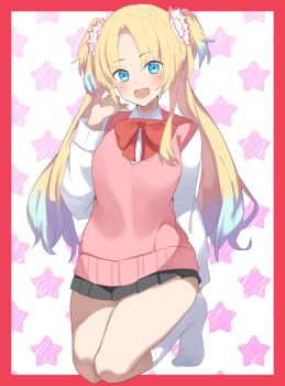 1girl alternate_costume black_skirt blonde_hair blue_eyes blue_hair blush border bow bowtie breasts closed_mouth collared_shirt commentary dress_shirt flower full_body gradient_hair hair_flower hair_ornament highres link!_like!_love_live! long_hair long_sleeves love_live! medium_breasts miniskirt multicolored_hair no_shoes osawa_rurino outline outside_border parted_bangs pink_background pink_flower pink_sweater_vest pleated_skirt red_border red_bow red_bowtie revision school_uniform shirt skirt smile socks solo soyo1558686 star_(symbol) star_symbol_background sweater_vest twintails very_long_hair virtual_youtuber white_outline white_shirt white_socks
